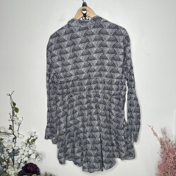 ANTHROPOLOGIE Linen Long Sleeve Collared Mini Dress Black White Sz L {Z36} - Picture 3 of 6